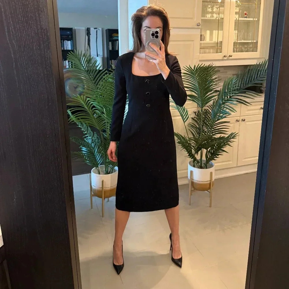 Black Square Neck Button Up  Long Sleeve Dress, Judith and Charles, US 4